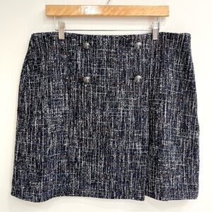 LOFT Tweed Button Faux Wrap Skirt Mini Shift Side Zipper Black Ivory Size 14
